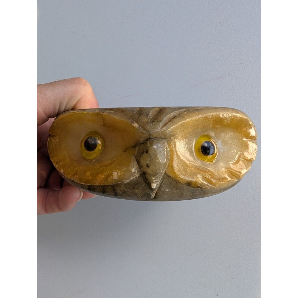 Vintage Etruria Italian Alabaster Owl Ashtray Volterra Glass Eyes 1970s MCM